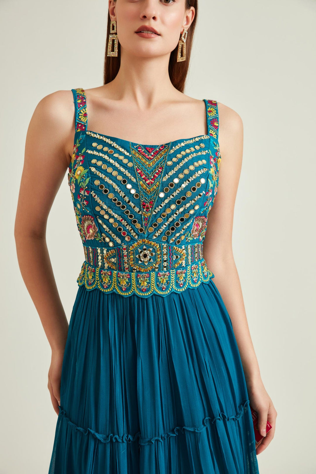 Neerus Green georgette mirror work kurta set - detail view 9