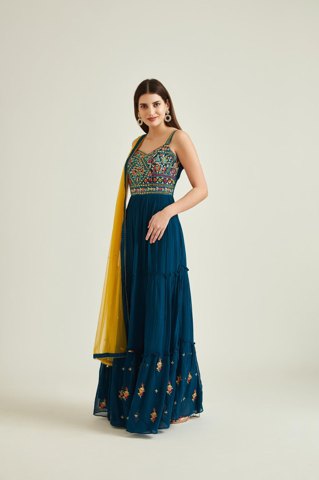 Neerus Blue georgette mirror work tiered gown - front view