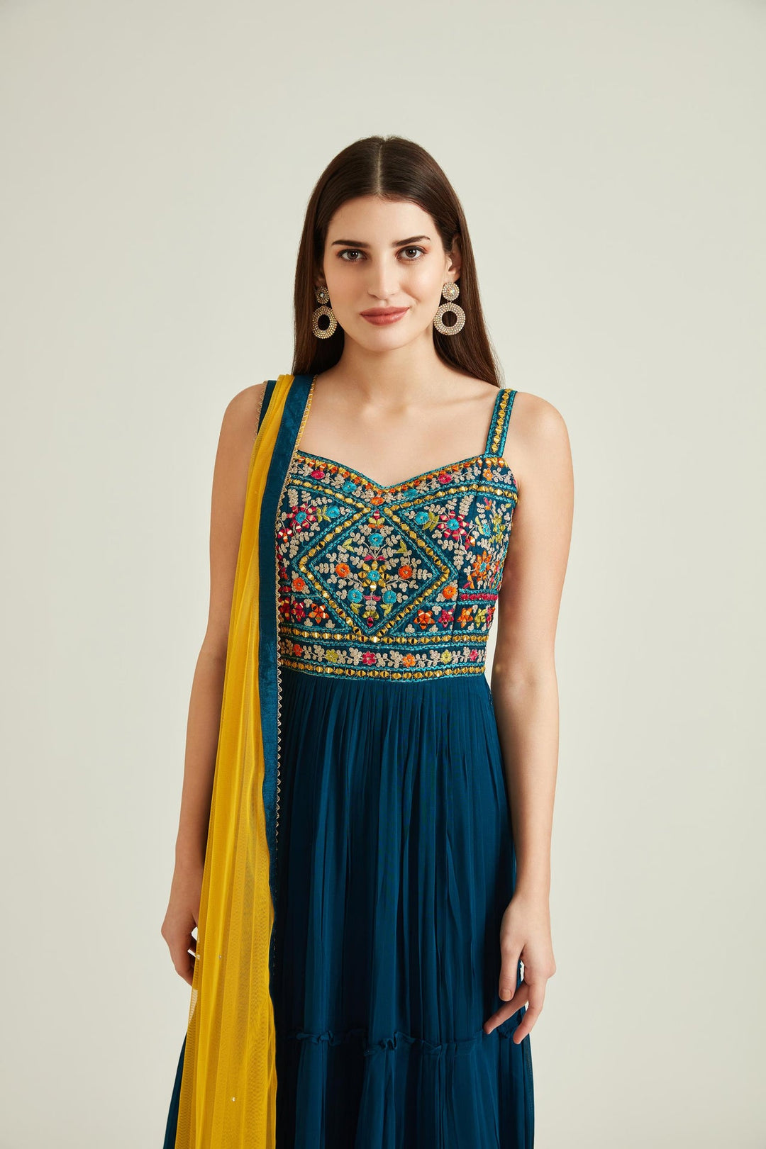 Neerus Blue georgette mirror work tiered gown - back view