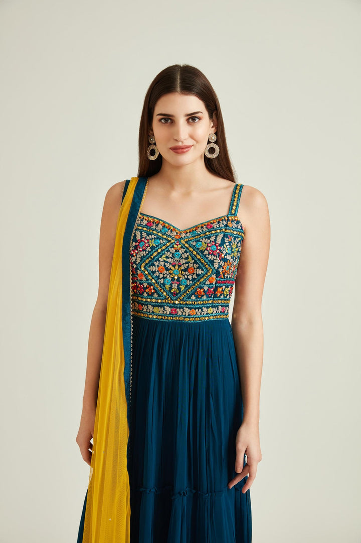 Neerus Blue georgette mirror work tiered gown - back view