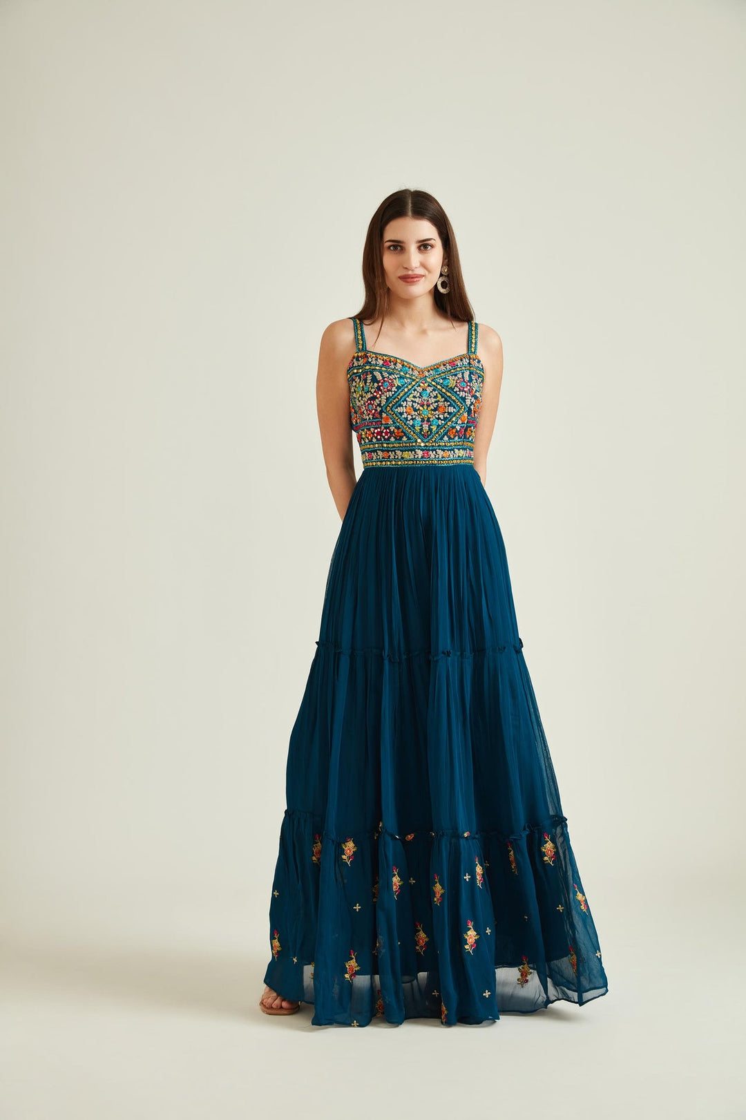 Neerus Blue georgette mirror work tiered gown - side view