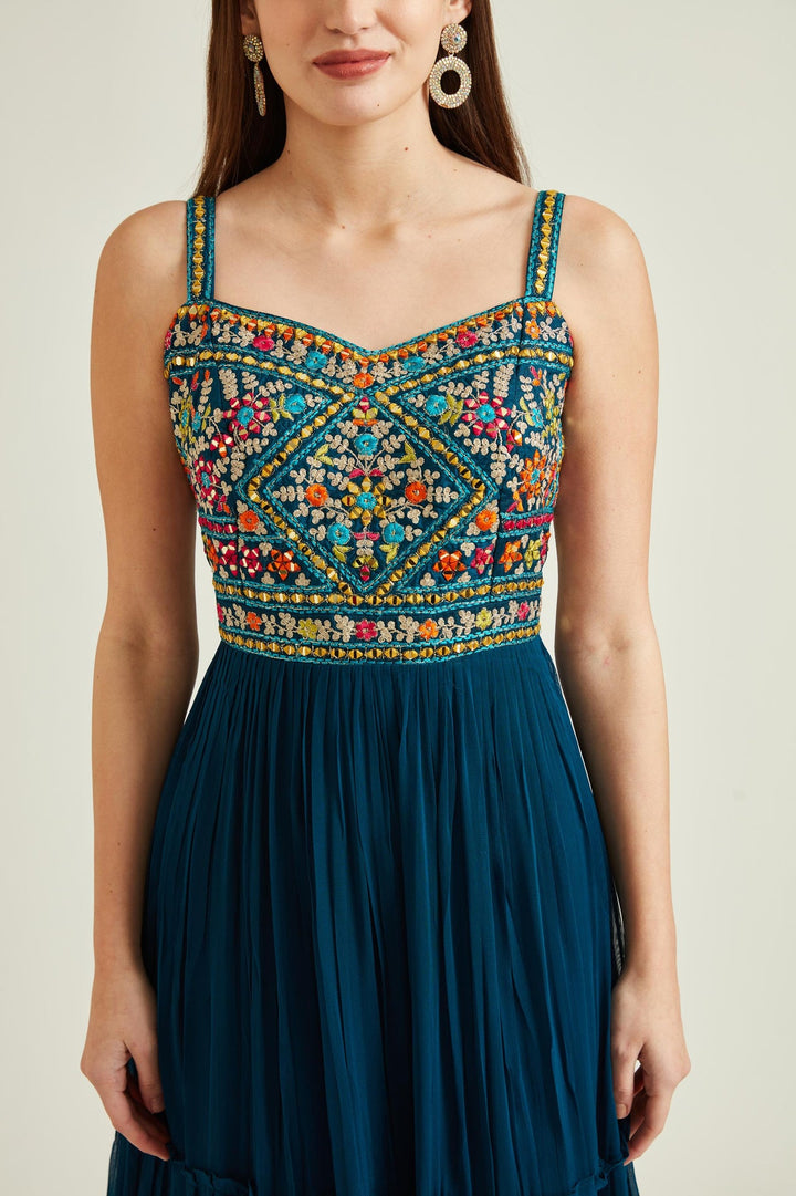 Neerus Blue georgette mirror work tiered gown - detail view 1