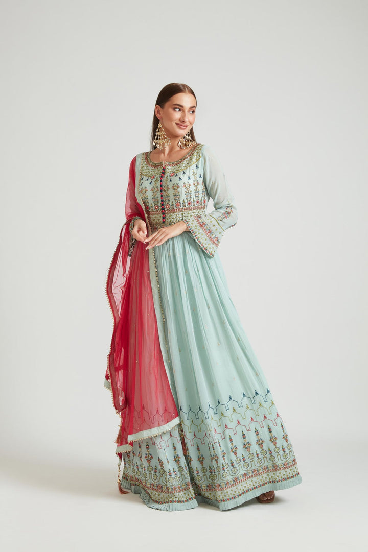 Neerus Green Georgette Kurta Set - front view