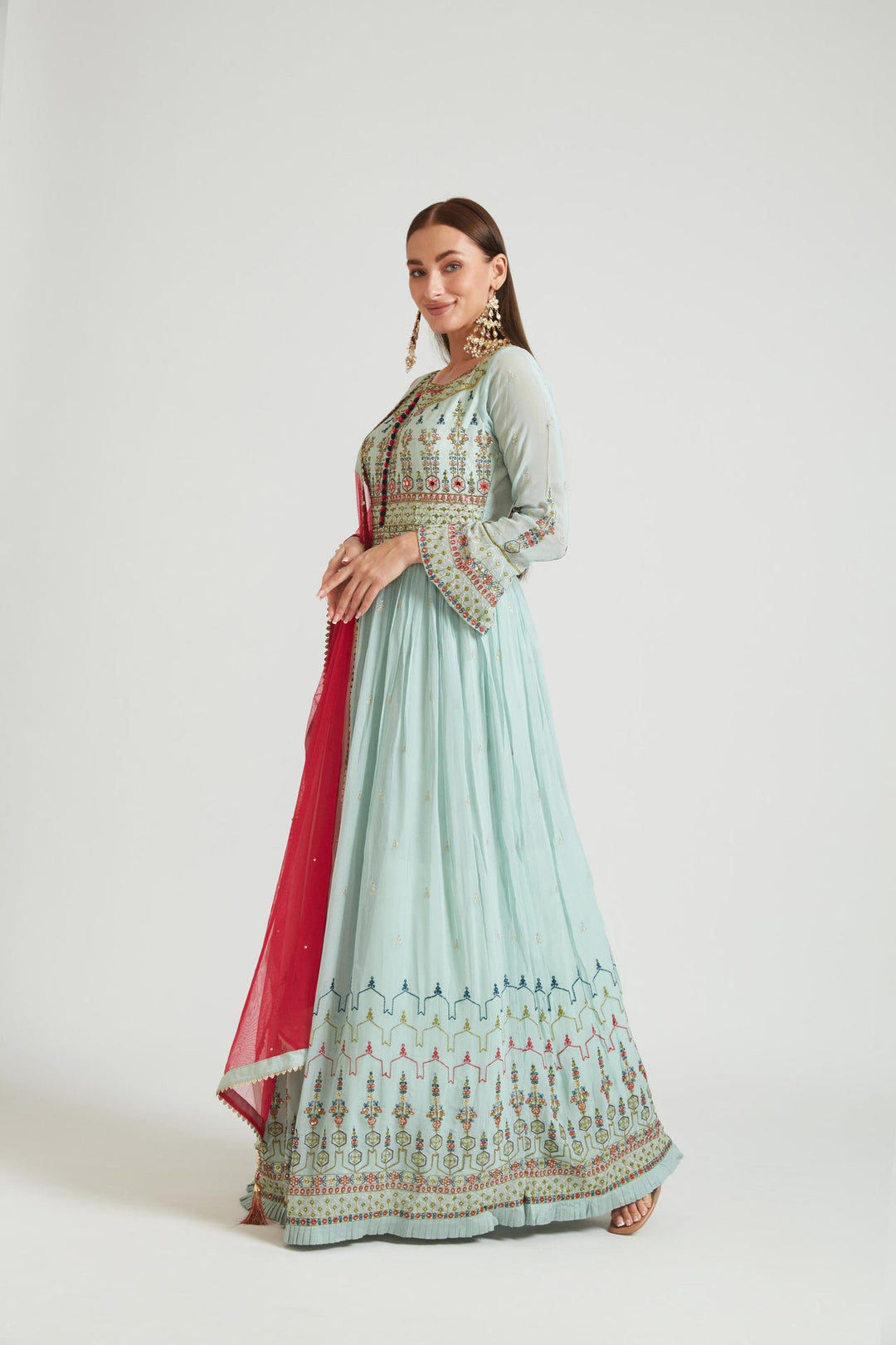 Neerus Green Georgette Kurta Set - back view