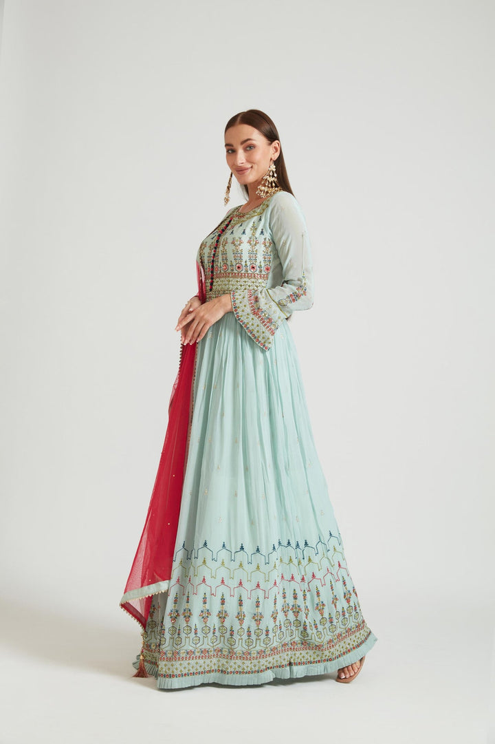 Neerus Green Georgette Kurta Set - back view