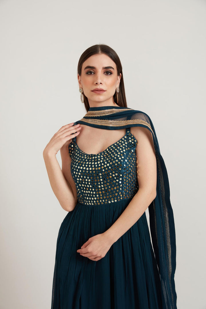 Neerus Blue georgette embroidered anarkali suit set - back view