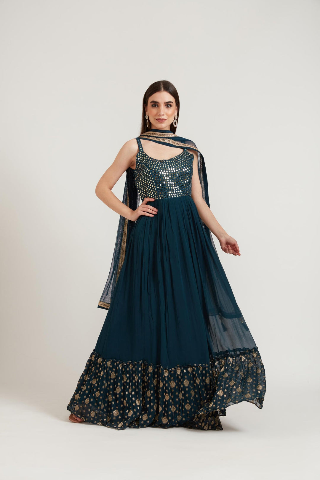 Neerus Blue georgette embroidered anarkali suit set - side view