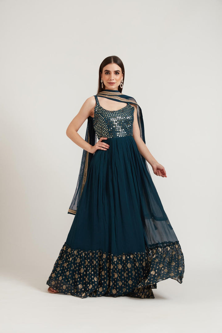 Neerus Blue georgette embroidered anarkali suit set - side view