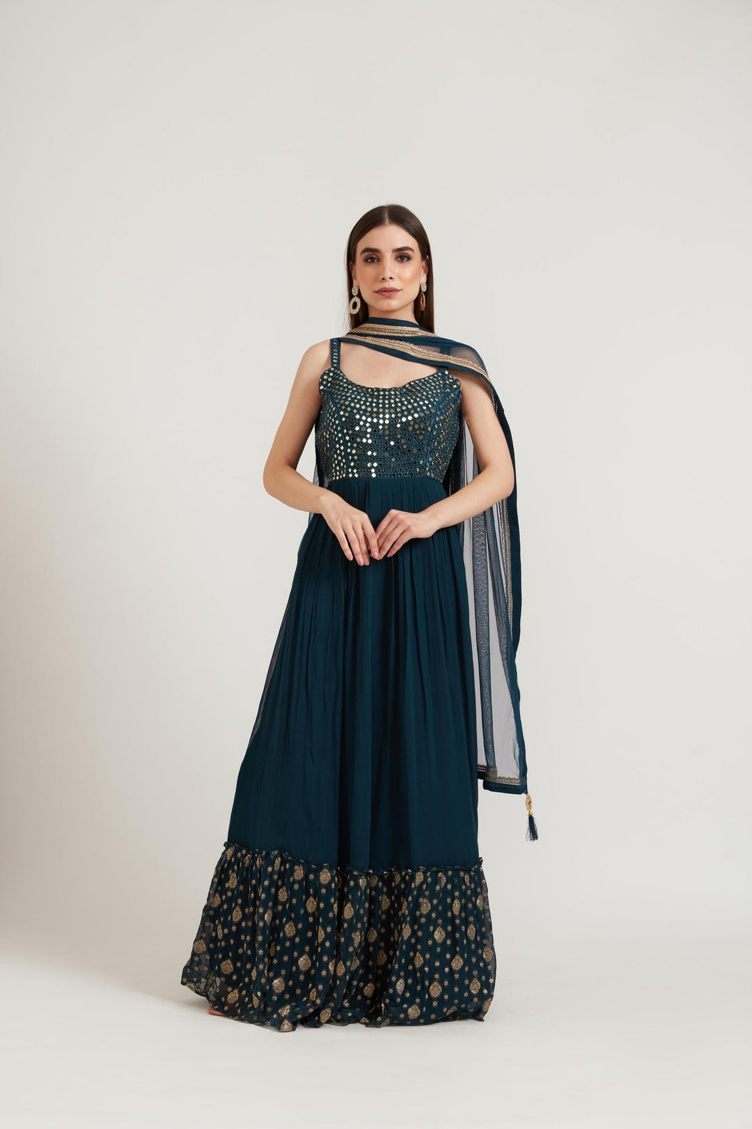 Neerus Blue georgette embroidered anarkali suit set - detail view 1