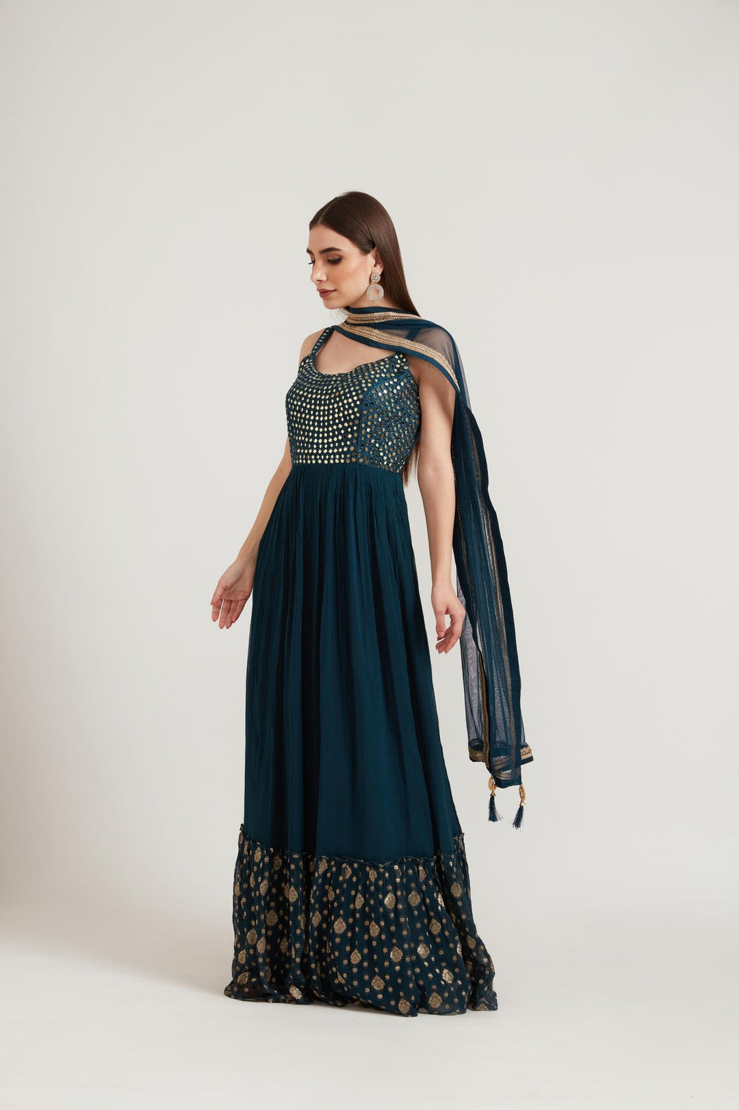 Neerus Blue georgette embroidered anarkali suit set - detail view 2