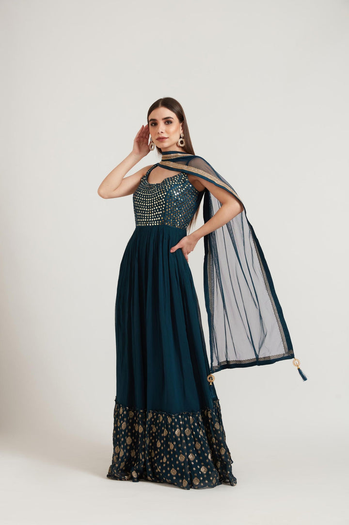 Neerus Blue georgette embroidered anarkali suit set - front view