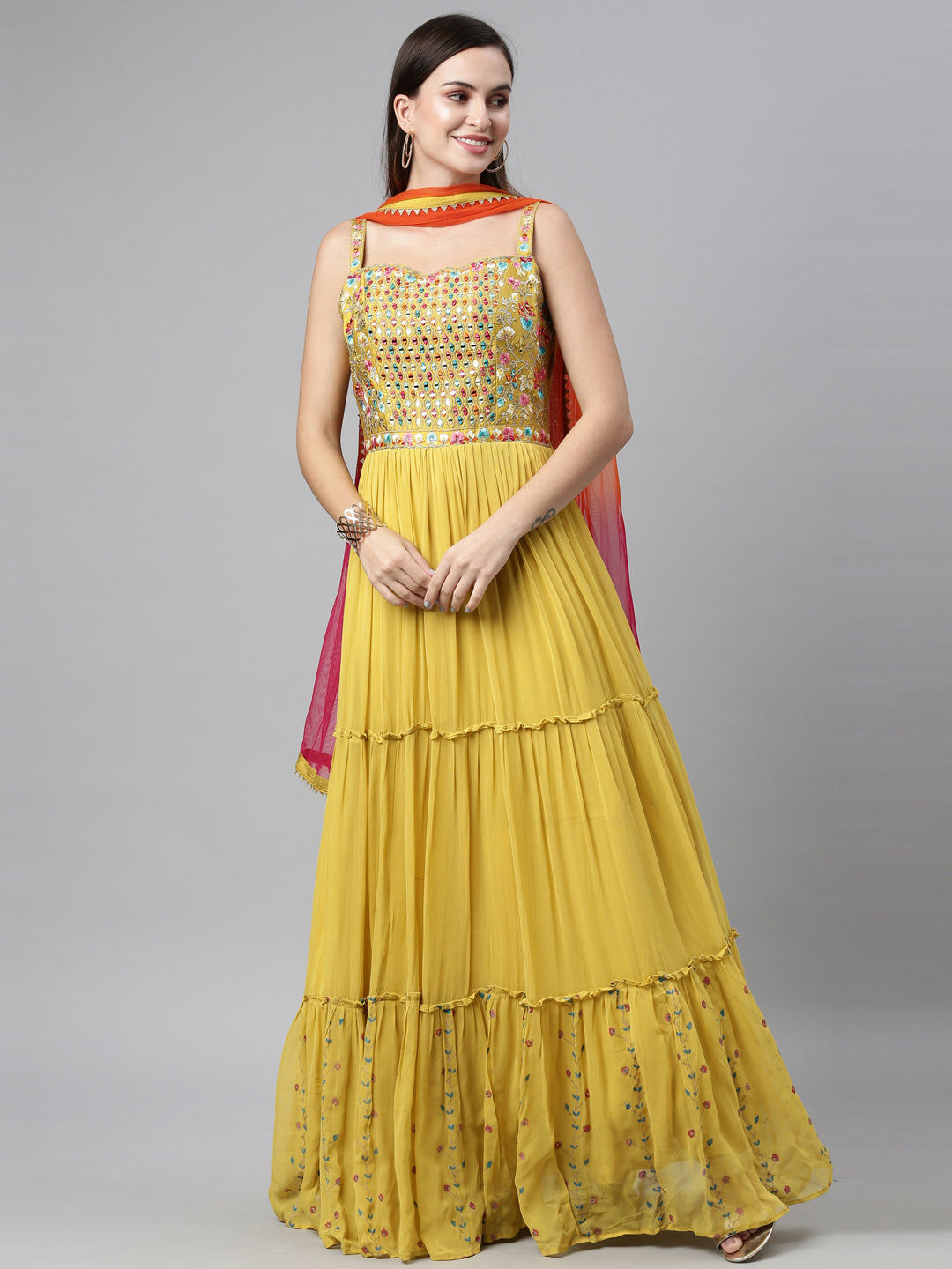 Neerus Yellow georgette mirror work anarkali suit set - front view