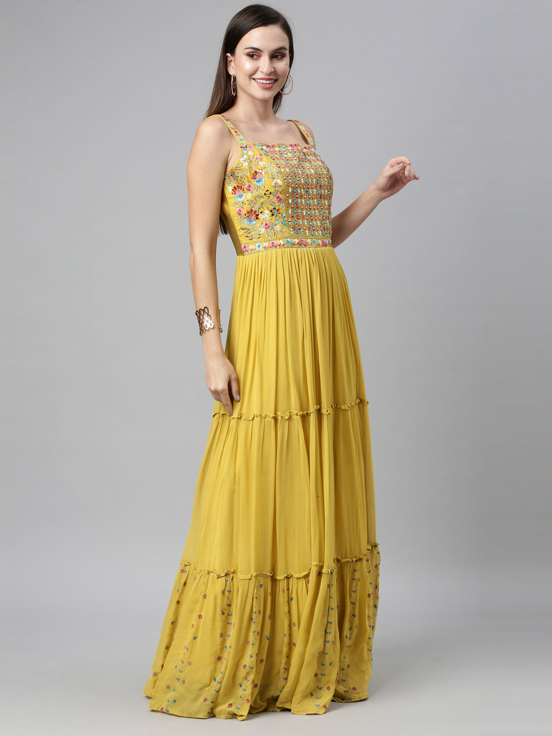 Neerus Yellow georgette mirror work anarkali suit set - back view