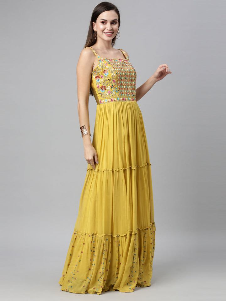Neerus Yellow georgette mirror work anarkali suit set - back view