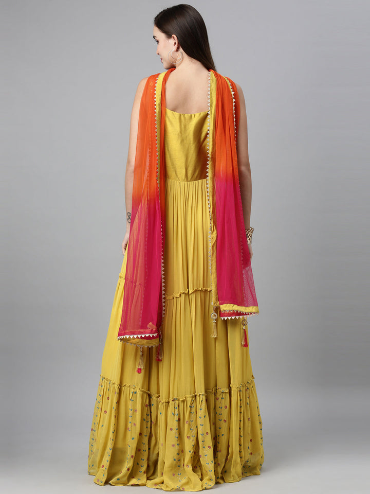 Neerus Yellow georgette mirror work anarkali suit set - side view