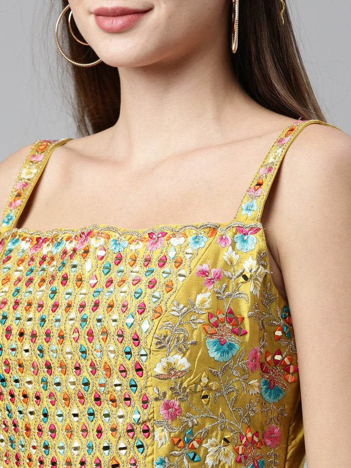 Neerus Yellow georgette mirror work anarkali suit set - detail view 1