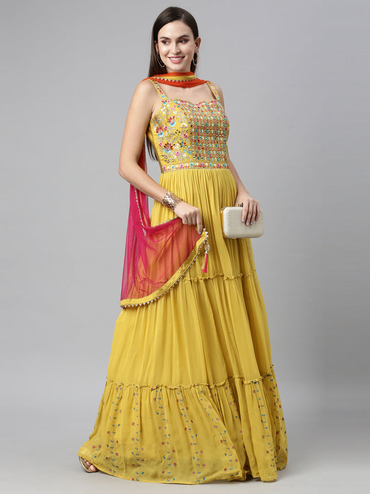 Neerus Yellow georgette mirror work anarkali suit set - detail view 2