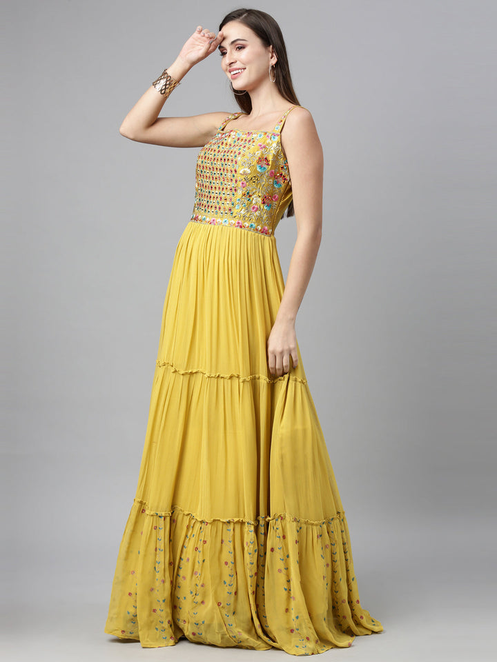 Neerus Yellow georgette mirror work anarkali suit set - detail view 3