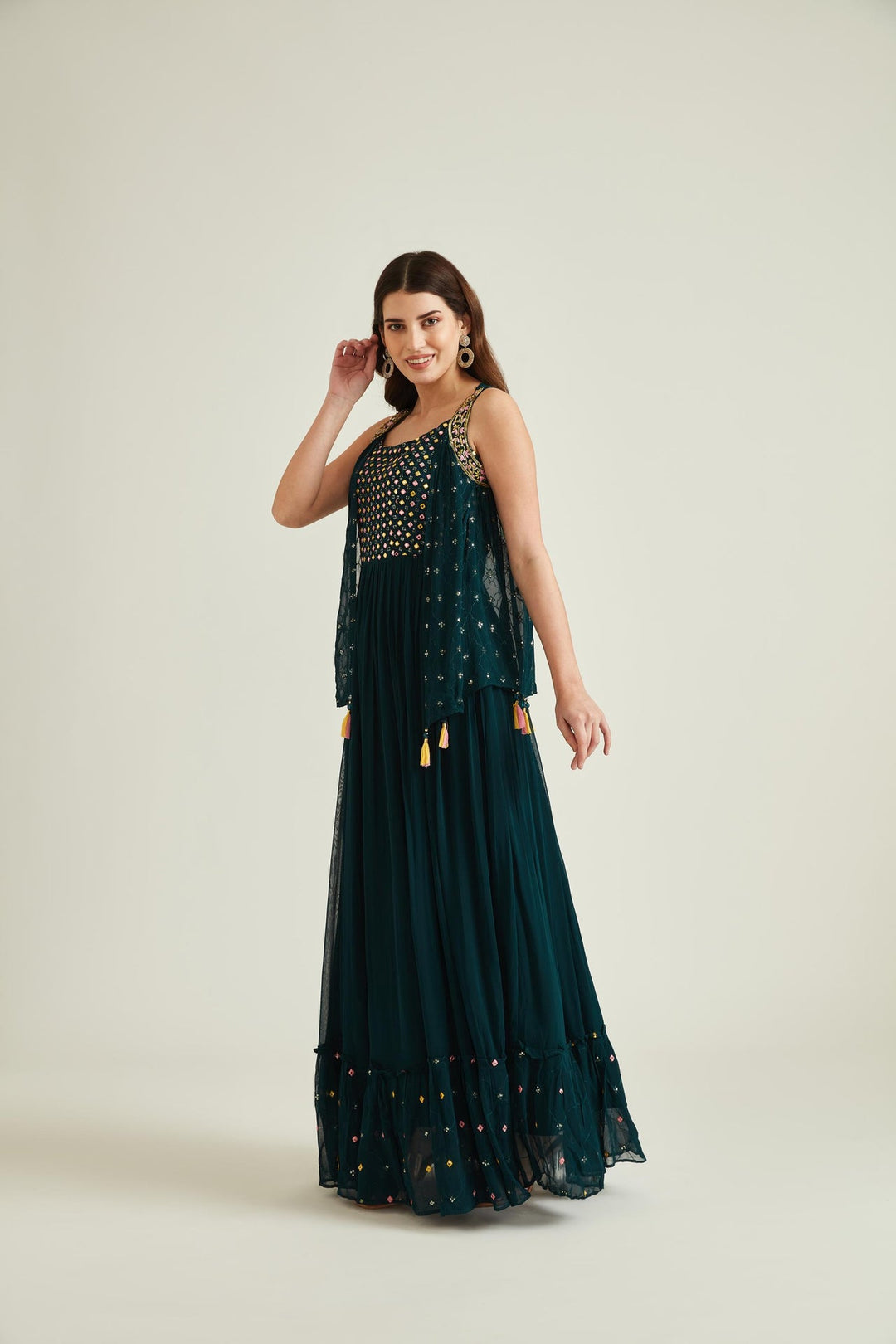 Neerus Green georgette straight kurta set - front view