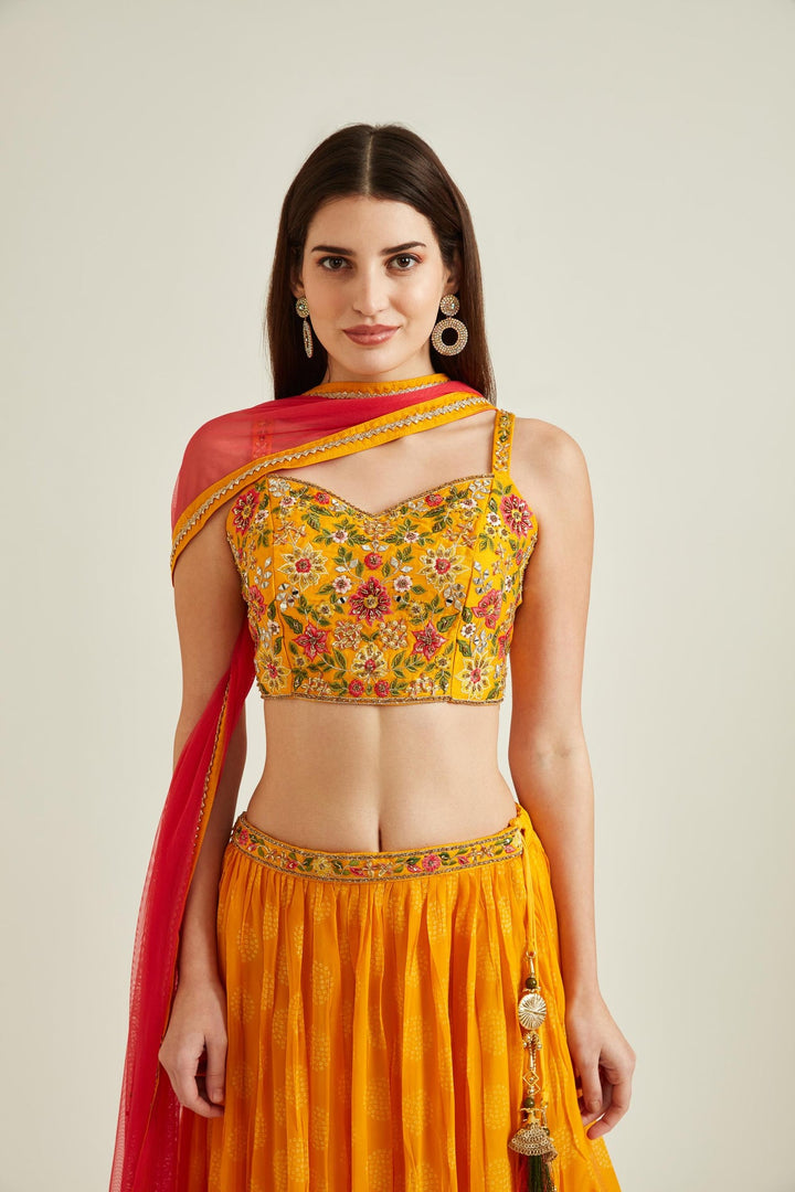 Neerus Yellow georgette embellished lehenga set - side view
