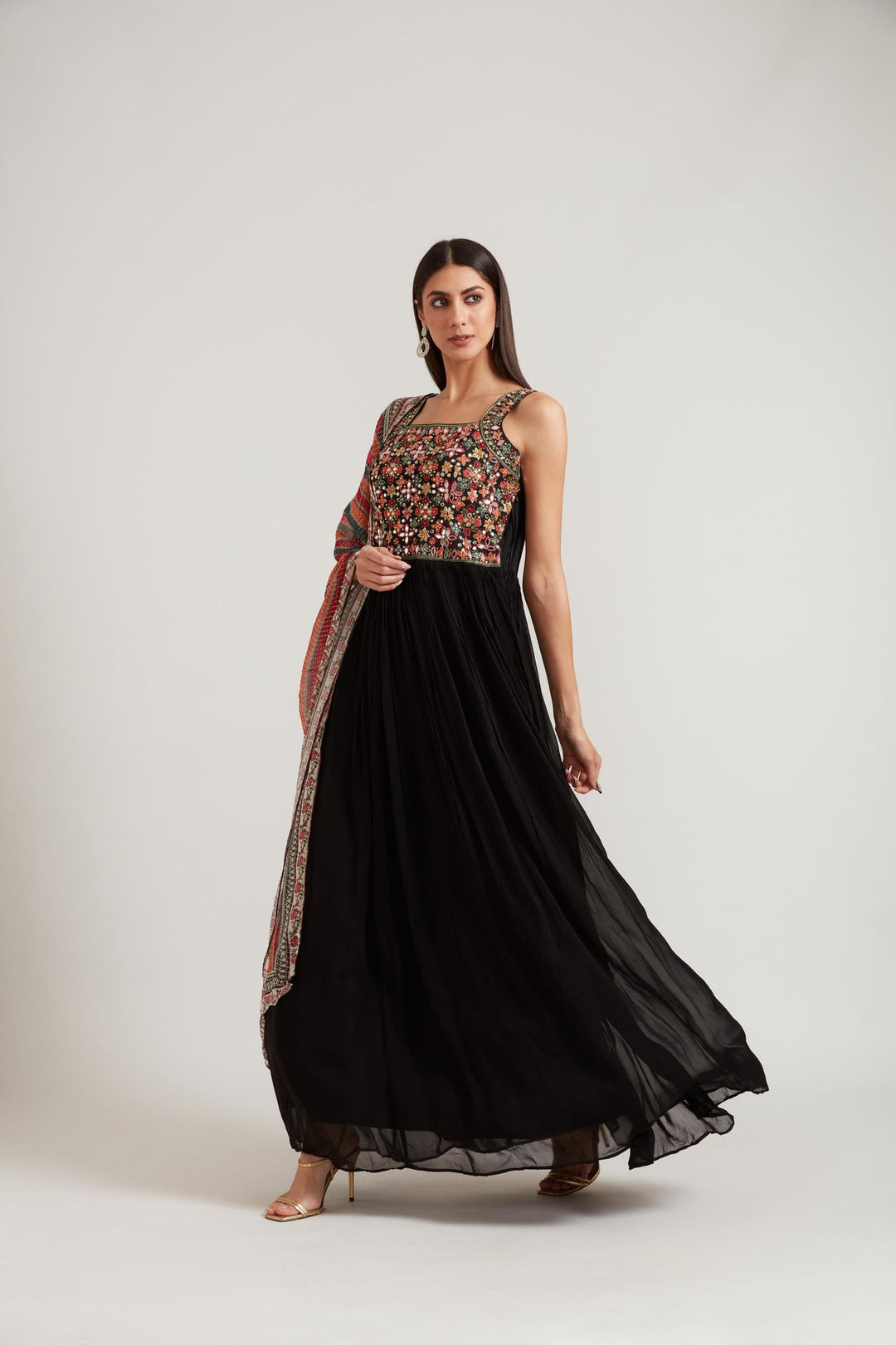 Neerus Black georgette embroidered Anarkali kurta set - detail view 2