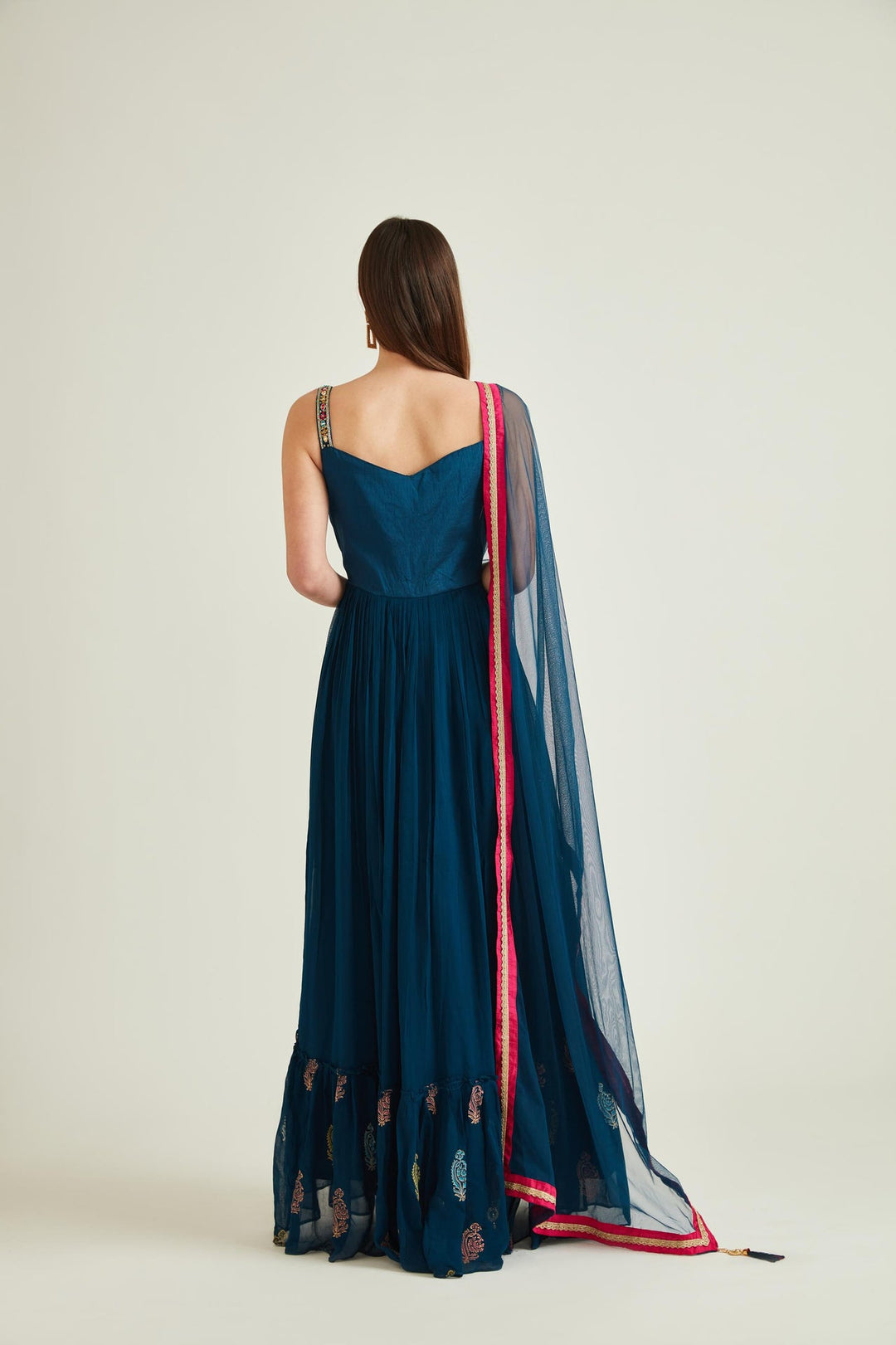 Neerus Blue Georgette Mirror Work Gown - back view