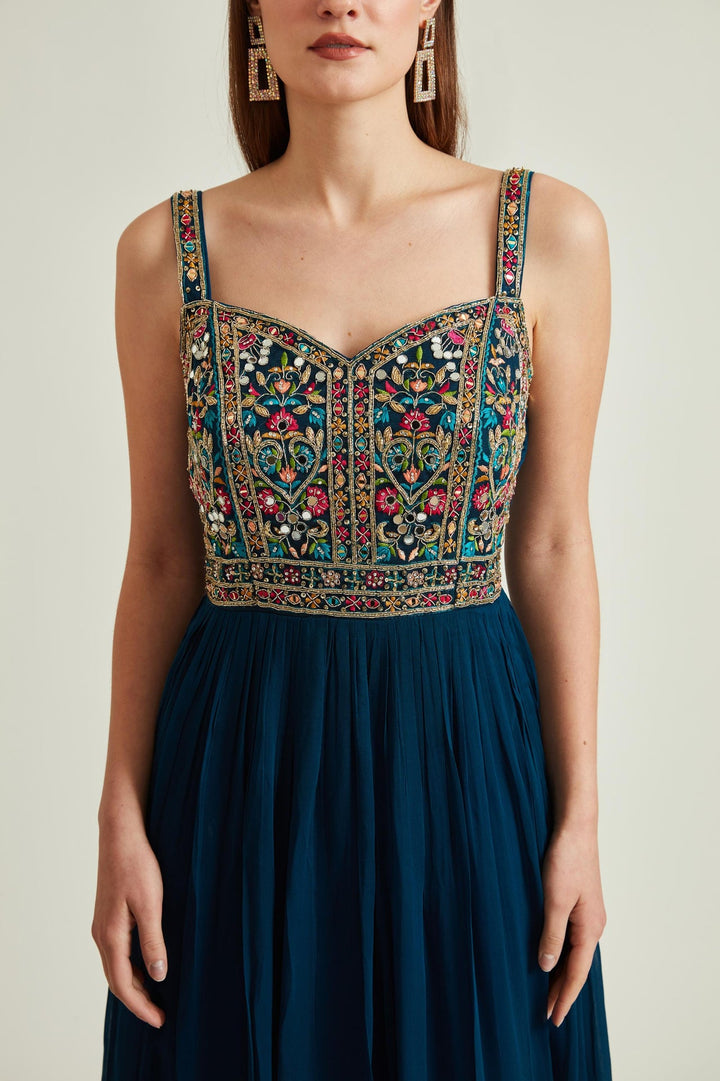 Neerus Blue Georgette Mirror Work Gown - side view