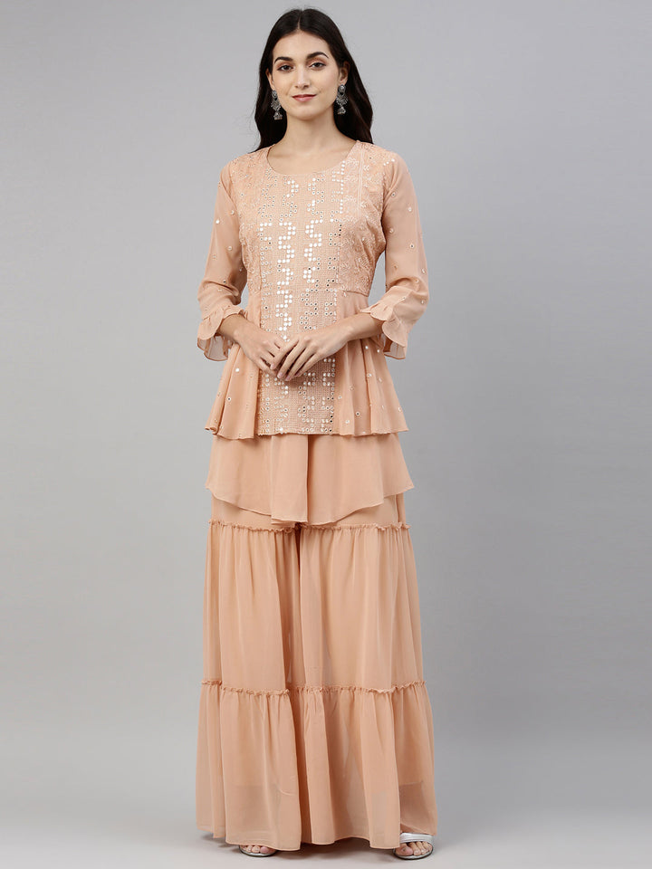 Neerus Pink georgette embroidered anarkali suit set - front view