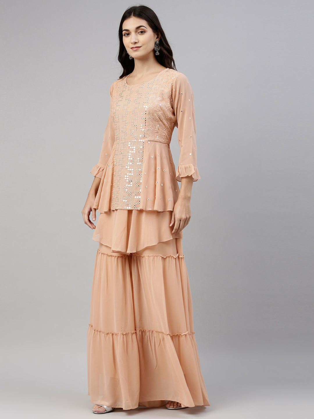 Neerus Pink georgette embroidered anarkali suit set - detail view 1