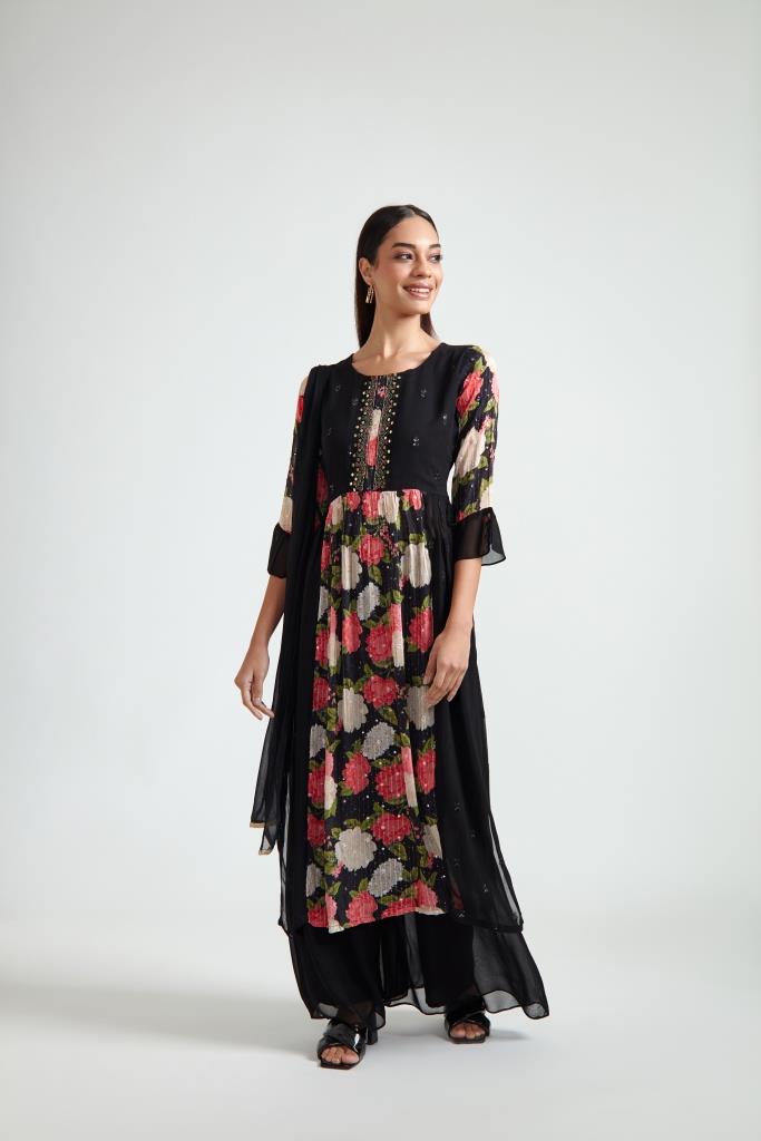 Neerus Black georgette embroidered suit set - front view