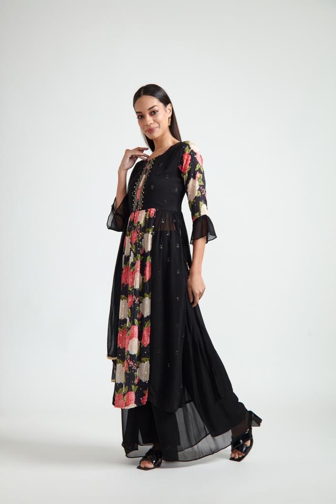 Neerus Black georgette embroidered suit set - back view