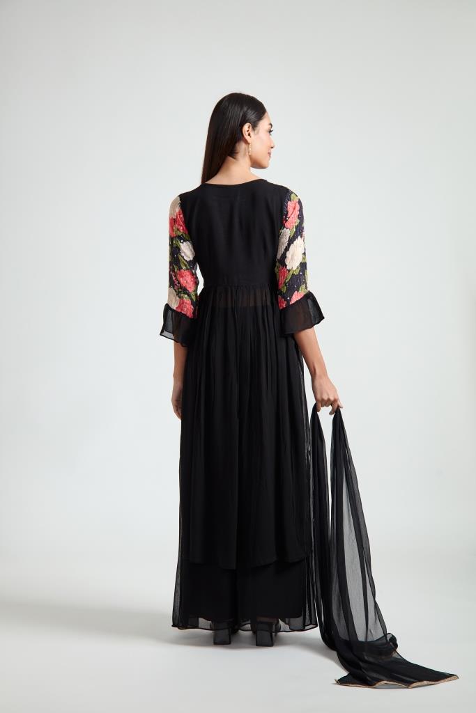 Neerus Black georgette embroidered suit set - detail view 1