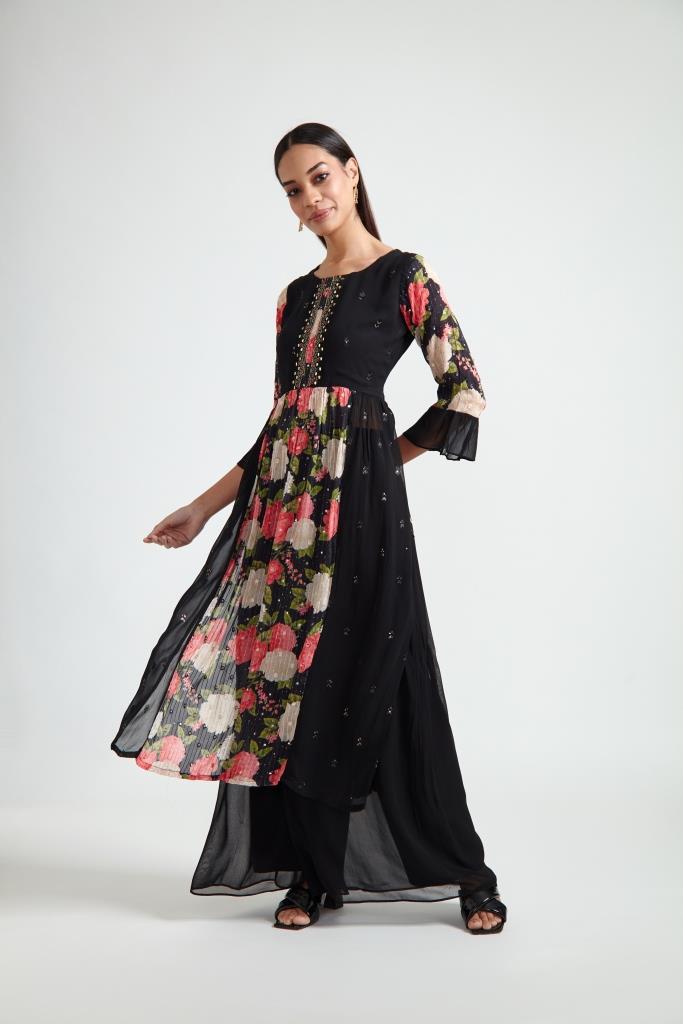 Neerus Black georgette embroidered suit set - detail view 2