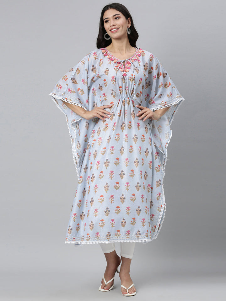 Neerus Blue printed floral kaftan kurti with flared sleeves - front view