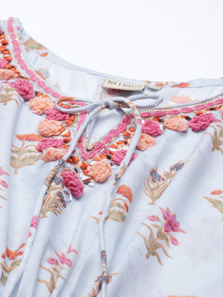 Neerus Blue printed floral kaftan kurti with flared sleeves - detail view 3