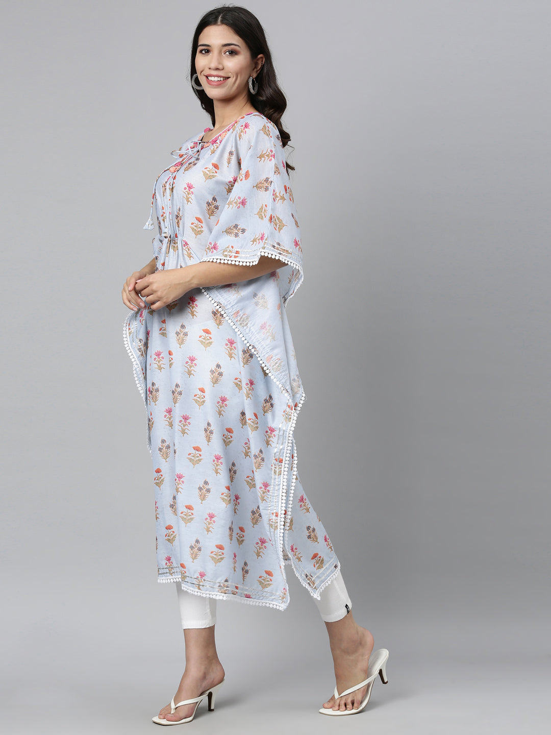 Neerus Blue printed floral kaftan kurti with flared sleeves - back view