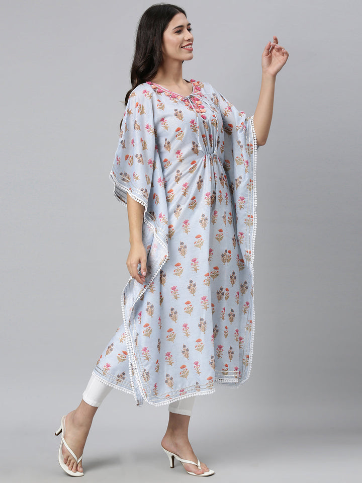 Neerus Blue printed floral kaftan kurti with flared sleeves - side view