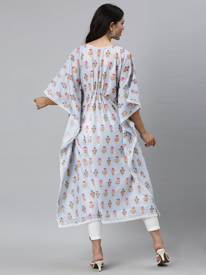 Neerus Blue printed floral kaftan kurti with flared sleeves - detail view 1