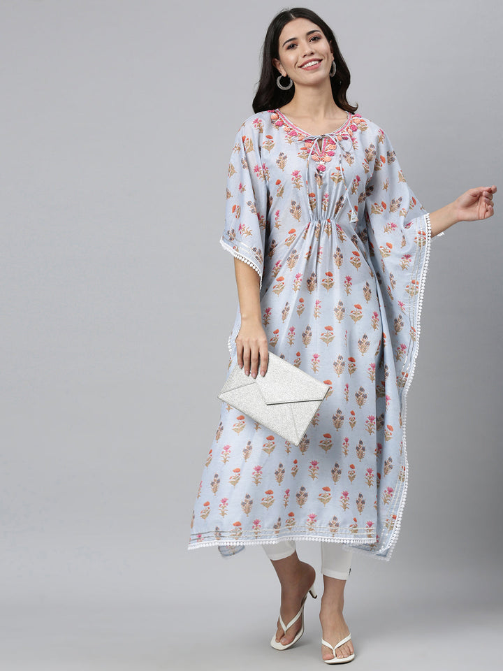 Neerus Blue printed floral kaftan kurti with flared sleeves - detail view 4