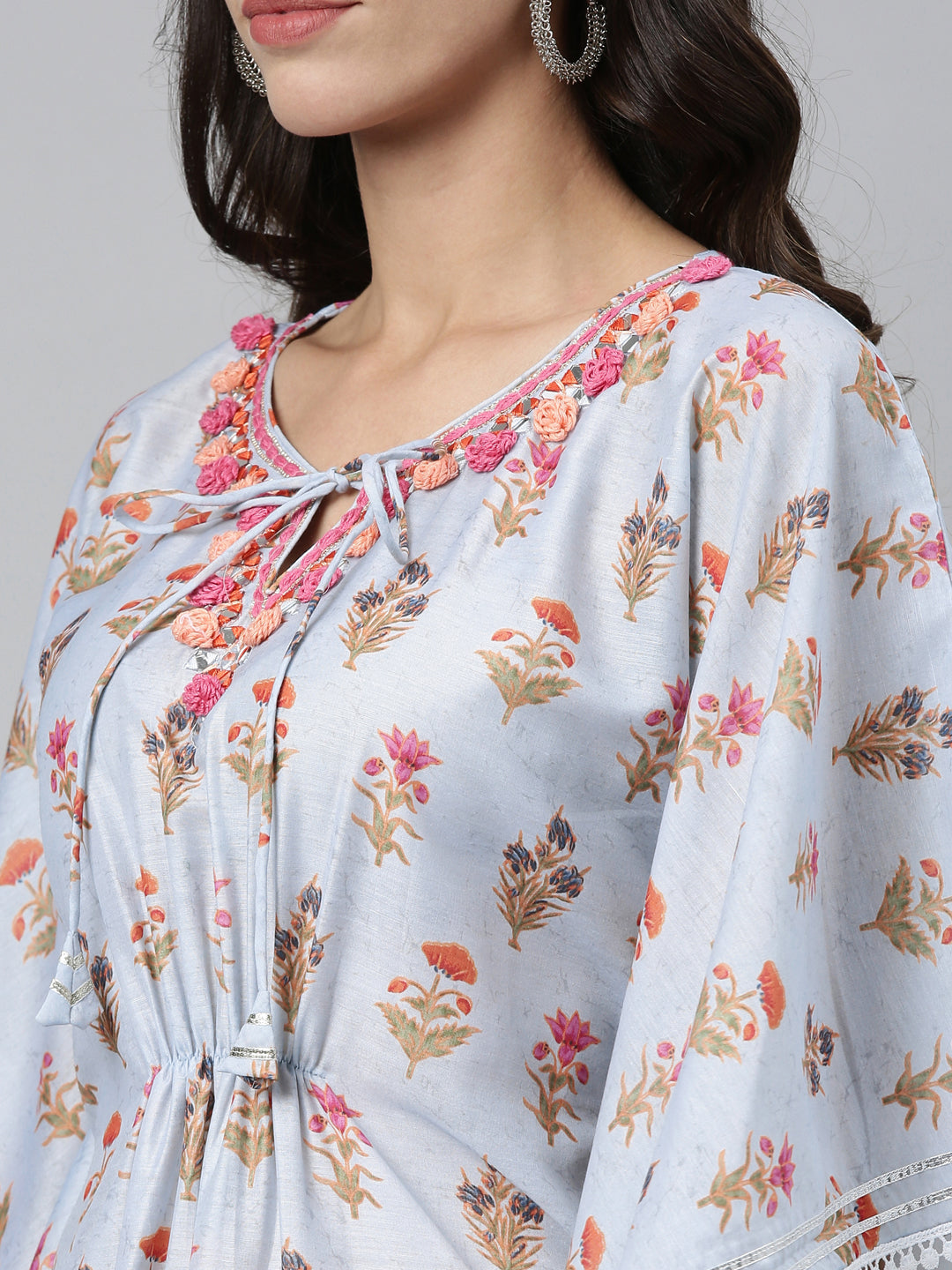 Neerus Blue printed floral kaftan kurti with flared sleeves - detail view 2