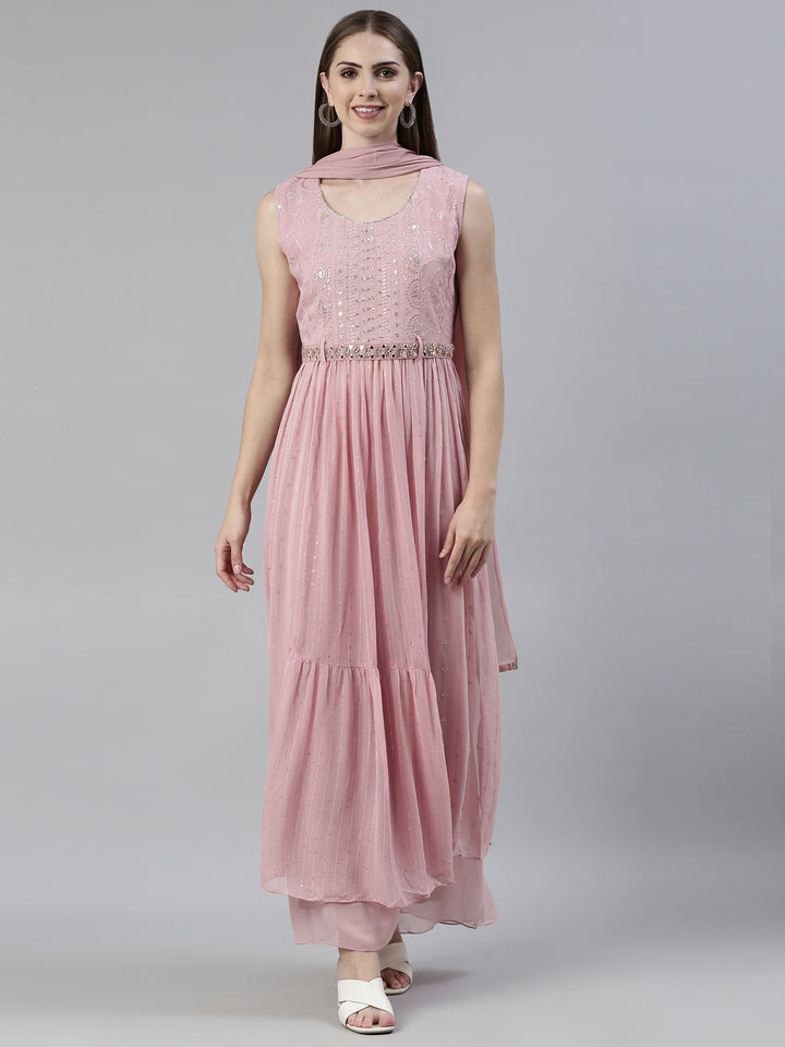 Neerus Pink georgette embellished kurta set with palazzo and dupatta - front view