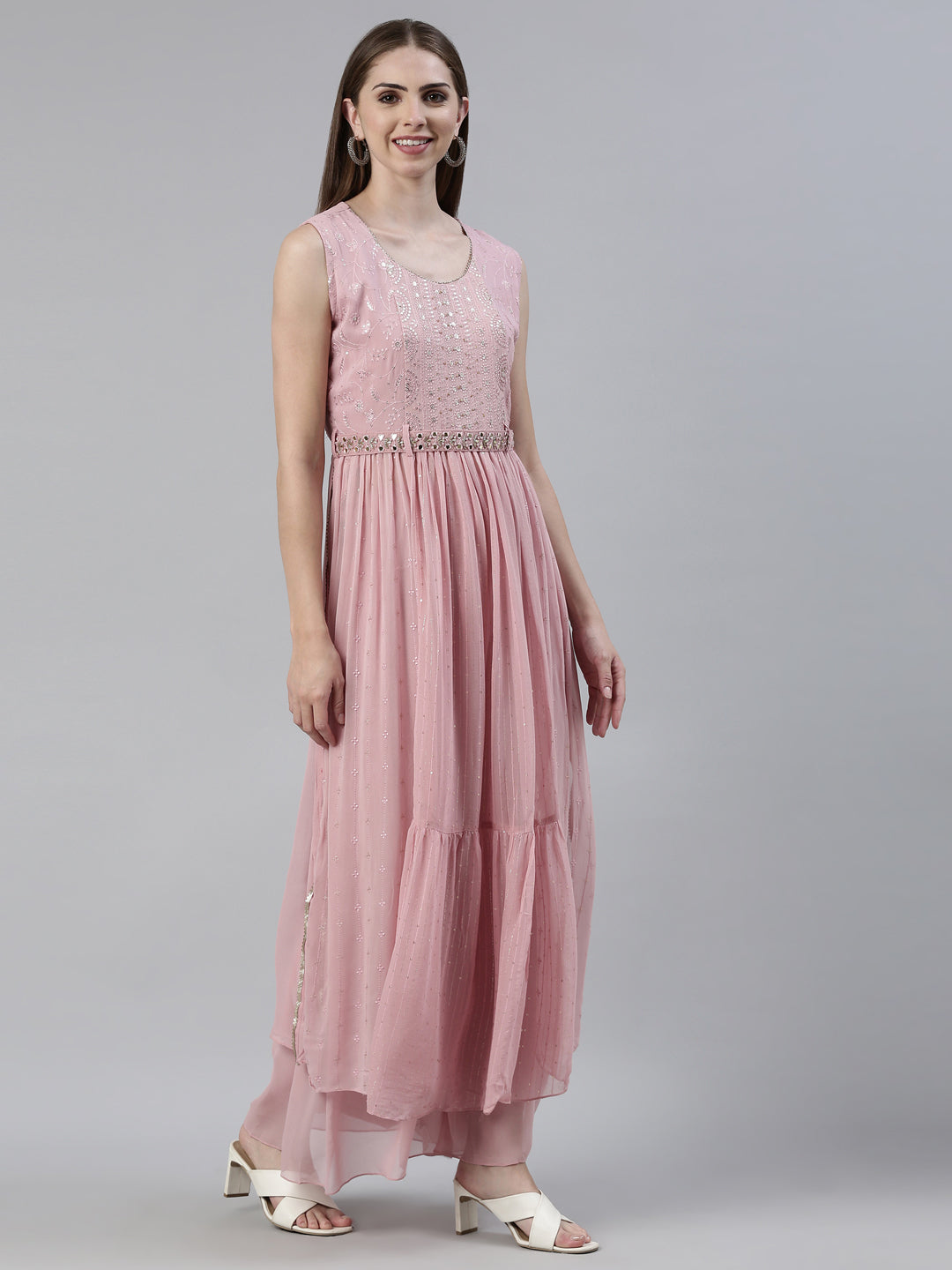 Neerus Pink georgette embellished kurta set with palazzo and dupatta - back view