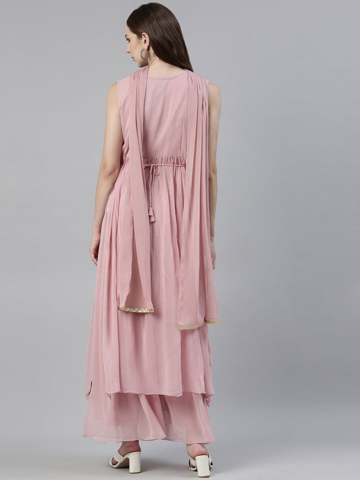 Neerus Pink georgette embellished kurta set with palazzo and dupatta - side view
