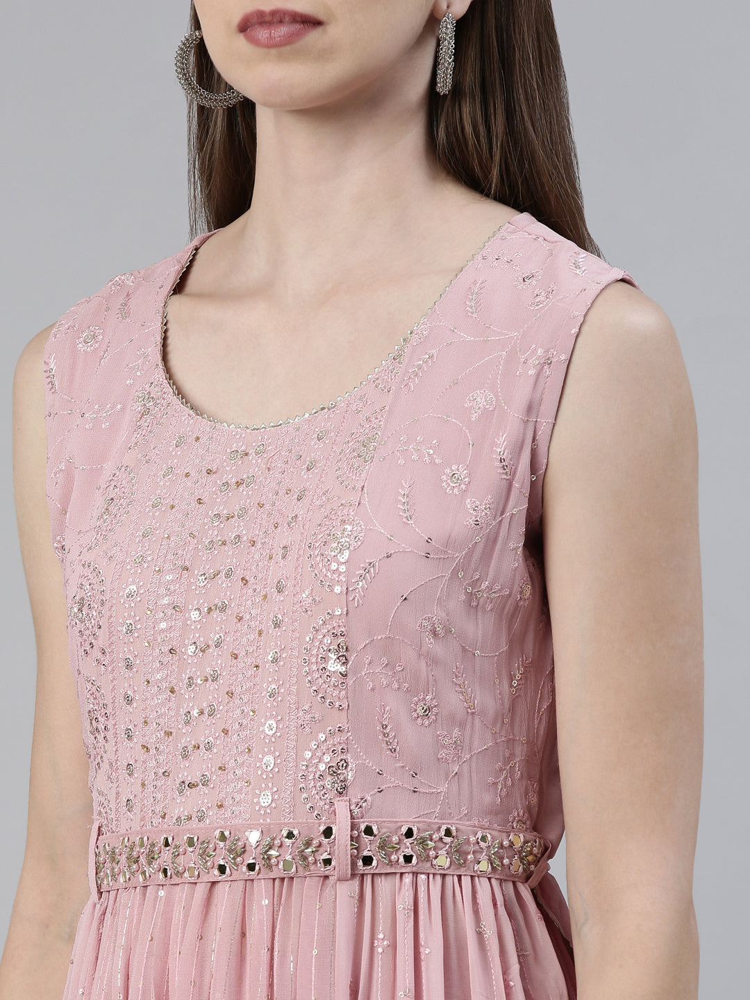 Neerus Pink georgette embellished kurta set with palazzo and dupatta - detail view 1