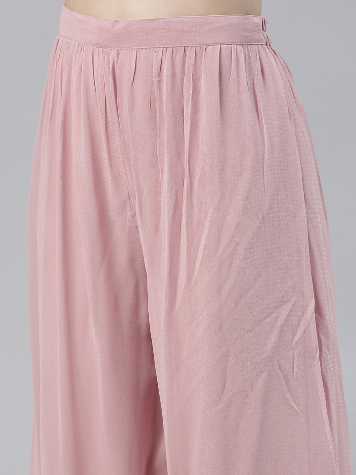 Neerus Pink georgette embellished kurta set with palazzo and dupatta - detail view 2
