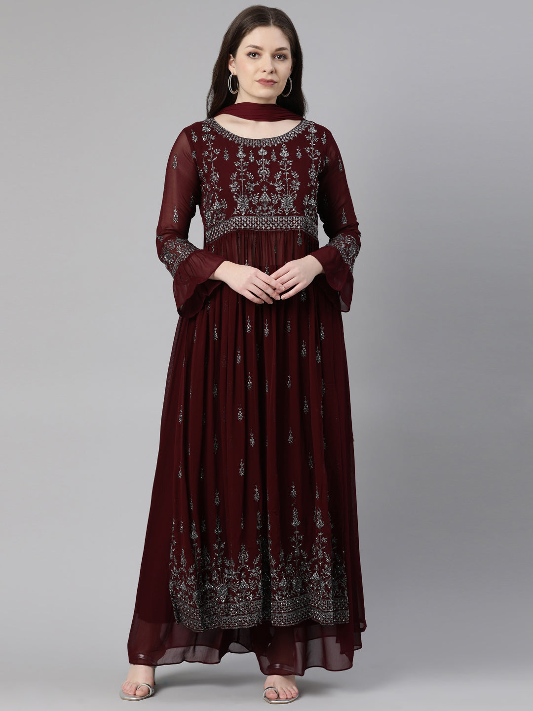 Neerus Maroon silk embroidered anarkali kurta set - front view