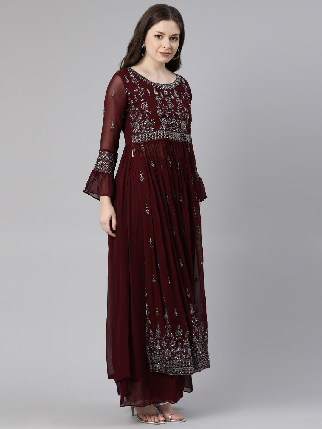 Neerus Maroon silk embroidered anarkali kurta set - back view