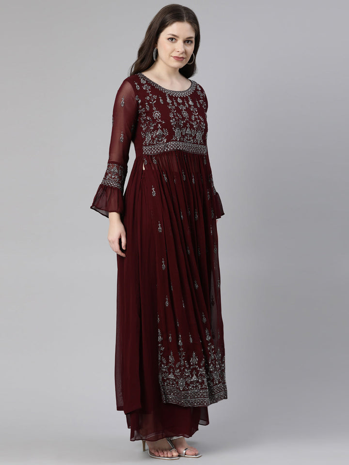 Neerus Maroon silk embroidered anarkali kurta set - back view