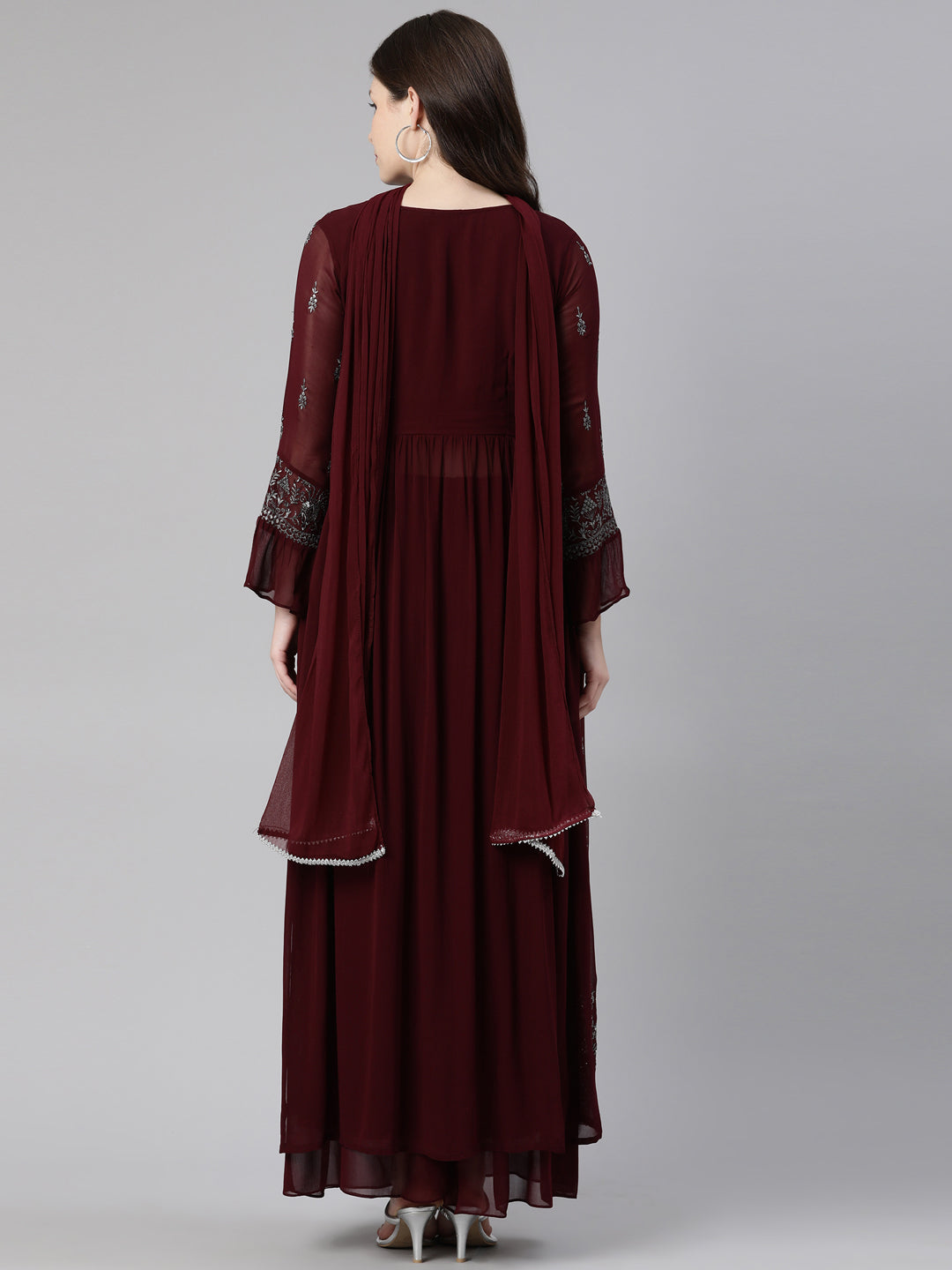 Neerus Maroon silk embroidered anarkali kurta set - side view
