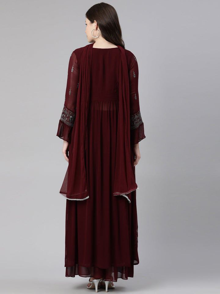 Neerus Maroon silk embroidered anarkali kurta set - side view